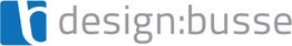 Logo mit blauem und grauem Design. Text: design:busse.