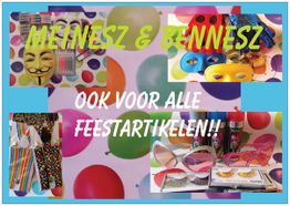 Feestartikelen bij Meinesz & Bennesz, zoals maskers, brillen en ballonnen.