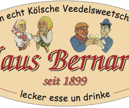 Alt-Text: "Ovales Logo mit Text 'Haus Bernards', Karikaturen von zwei Paaren, etabliert 1899."
