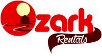 Ozark Rentals logo with a sunset and cabin design in red and brown.