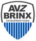 Schildvormig logo met tekst "AVZ BRINX Datavernietiging" en blauw-wit gestreept patroon.