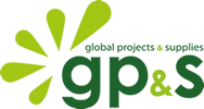 Logotipo de gp&s con texto verde y diseño en forma de estrella en tonos verdes.