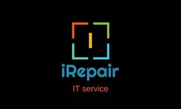 Logo di iRepair con testo "IT service" su sfondo nero.