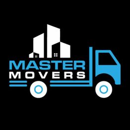 Logo of "Master Movers" with a truck and cityscape on a black background.
