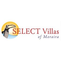 Logo de "Select Villas of Moraira" con figura estilizada sobre fondo de sol.