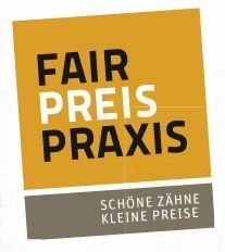 Logo mit Text: "Fair Preis Praxis" und "Schöne Zähne, Kleine Preise" auf orangem Hintergrund.