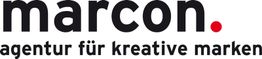 Schwarzer Text auf Weiß: "marcon. agentur für kreative marken" mit rotem Punkt.