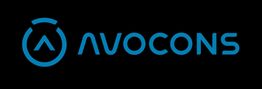 Logo mit blauem Text "AVOCONS" und einem stilisierten A in einem Kreis auf schwarzem Hintergrund.