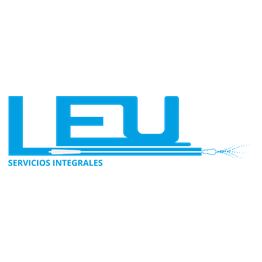 Logo azul con texto "LEU Servicios Integrales" y una manguera rociando agua a la derecha.