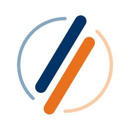 Ein rundes Logo mit zwei parallelen Linien, blau und orange, umgeben von gebogenen Linien.