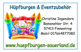Hüpfburg mit zwei lachenden Kindern, Kontaktdaten und Webseite: www.huepfburgen-sauerland.de.