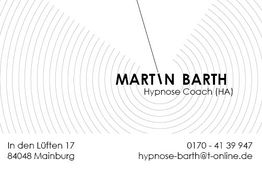 Visitenkarte mit Kreismuster, Name, Hypnose-Coach-Titel, Adresse, Telefonnummer und E-Mail.