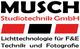 Logo von MUSCH Studiotechnik GmbH mit rotem und schwarzem Text über Lichttechnologie.