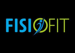 Logo con testo "FISIOFIT" in blu e verde su sfondo nero, con figura stilizzata al centro.