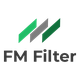 Logo mit drei diagonalen Streifen in Grün und Grau, darunter Text "FM Filter".