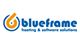 Logo von Blueframe mit Text: "hosting & software solutions", blau-orange gestaltet.