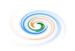 Spiralförmiges Muster in Blau, Grün und Orange auf weißem Hintergrund.