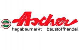 Logo von Ascher Hagebaumarkt mit rotem Schriftzug und Hagebau-Logo links.