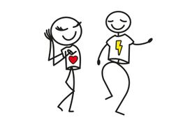 Due figure stilizzate ballano: una con maglia cuore rosso, l'altra con simbolo fulmine giallo.