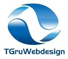 Blau-weiße Kreisform mit Schriftzug "TGruWebdesign" darunter.