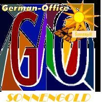Buntes Logo mit "German-Office" und "SONNENGOLD", Sonne mit Glühbirne-Design in der Ecke.