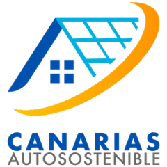 Logo de Canarias Autosostenible con un techo azul y un arco amarillo.