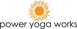 Sun logo with text "power yoga works" below in black letters.