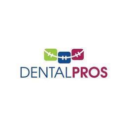 Logo of Dental Pros with stylized teeth icons in green, blue, and red above the text.