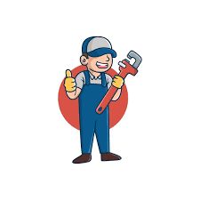 Cartoon plumber in blue overalls holding a wrench, giving a thumbs-up with a red circle background.