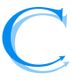 Blauwe letter C met pijlen die naar links wijzen, in drie stijlen.