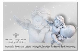 Engelsstatue mit Flügeln, die auf einem Herz ruht. Text: "Wenn die Sonne des Lebens untergeht...".