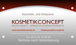 Visitenkarte der Kosmetikpraxis "Kosmetikconcept" mit Kontaktinfos und Terminhinweis.