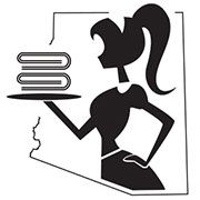 Silhouette of a server with a tray of books, set against an outline of a state map.