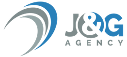 Logo der J&G Agency mit blauen und grauen abstrakten Wellen.