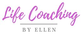 Logo mit Text "Life Coaching by Ellen" in lila und grau.