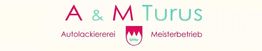Logo von A & M Turus: Text "Autolackiererei Meisterbetrieb" mit kleinem Wappen in der Mitte.