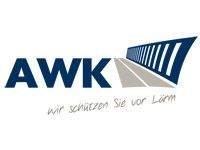 Logo mit "AWK" und Slogan "wir schützen Sie vor Lärm", daneben stilisiertes Bauwerk.