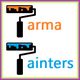 Two paint rollers form the words "Arma" and "Painters," with orange and blue text and paint.