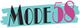 Schriftzug "MODE 58", stilisiert mit blauer und pinker Farbe auf weißem Hintergrund.