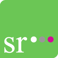Grünes Quadrat-Logo mit "sr" in Weiß und drei Punkten in Weiß, Grau, Rosa unten rechts.