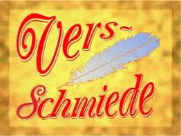 Text "Versschmiede" in rot auf gelbem Hintergrund mit Feder.
