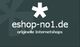 Logo mit URL "eshop-no1.de" und Text "originelle Internetshops" auf dunkelgrauem Hintergrund.