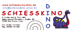 Logo mit Text "Schiesskino Dino" und Zeichnung eines lila Dinosauriers. Kontaktinformation enthalten.