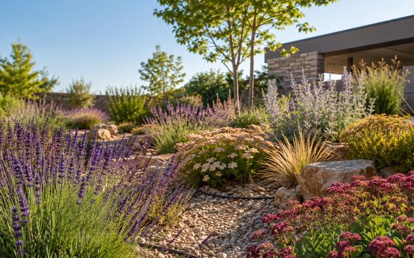 Hitzebeständige Gartenpflanzen wie Lavendel, Steppensalbei und Ziergräser in einem sonnigen, klimaangepassten Kiesgarten.
