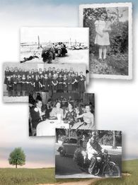 Collage aus alten Schwarz-Weiß-Fotos, inklusive Gruppen und Alltagsszenen, vor Landschaftshintergrund.