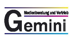 Logo mit dem Text "Gemini Medienberatung und Vertrieb", mit farbigen Linien darüber und darunter.