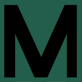 Schwarzer Buchstabe "M" auf grünem Hintergrund.