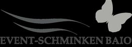 Logo mit Schriftzug "Event-Schminken Baio", stilisierten Linien und einem Schmetterling.