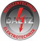 Graues Emblem mit rotem Blitz und Text: "Medizintechnik," "Elektrotechnik," "Baltz".
