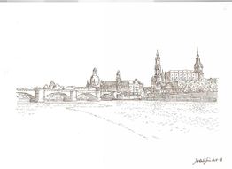 Strichzeichnung von Dresdens Altstadt mit Brücke und Elbe im Vordergrund.